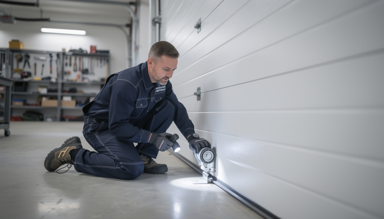 Technik podczas przeglądu bramy garażowej segmentowej